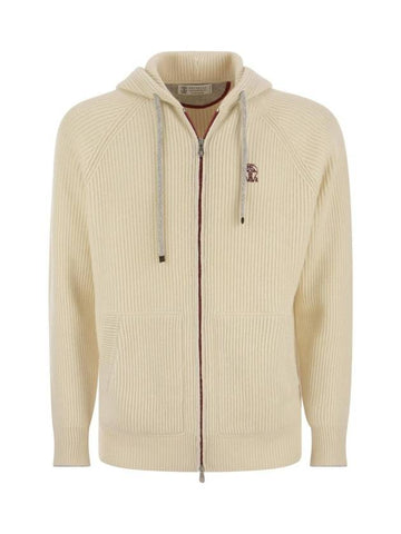 Rib Knit Cashmere Zip-Up Hoodie Beige - BRUNELLO CUCINELLI - BALAAN 1