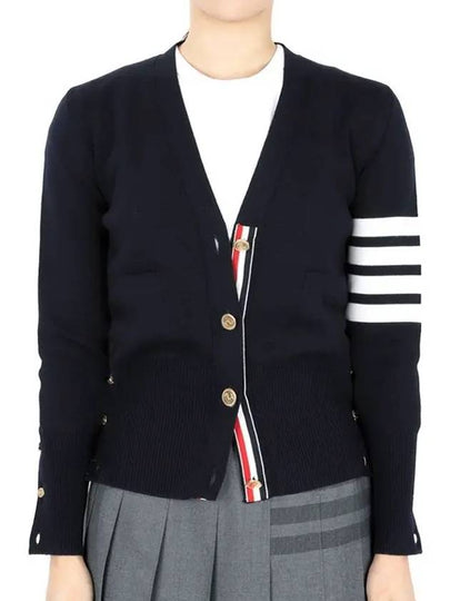 Milano Stitch 4 Bar Classic V Neck Fine Merino Wool Cardigan Navy - THOM BROWNE - BALAAN 2