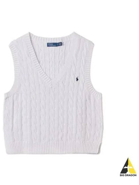 W Cable Knit Cotton V Neck Sweater Vest White - POLO RALPH LAUREN - BALAAN 1