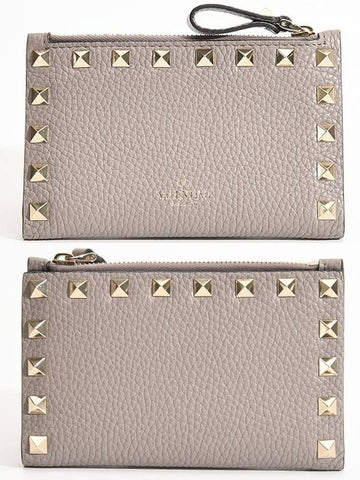 Logo Rockstud Leather Card Wallet Grey - VALENTINO - BALAAN 1