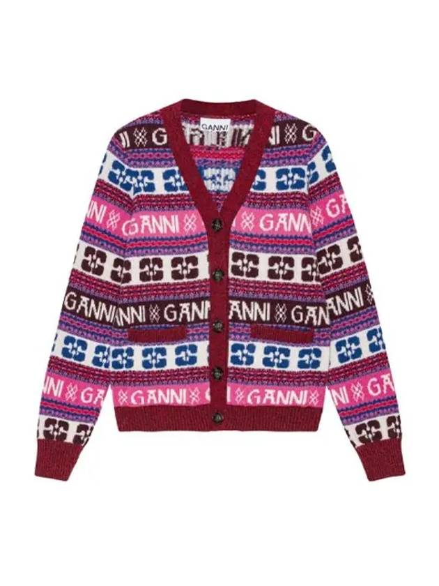 Intarsia Logo V-Neck Wool Mix Cardigan Pink - GANNI - BALAAN 4