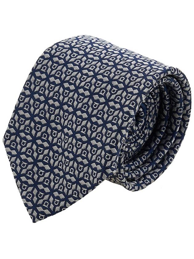 Ferragamo Men's Silk Jacquard Tie 35 0943 F NAVY AVORI 0768437 - SALVATORE FERRAGAMO - BALAAN 10