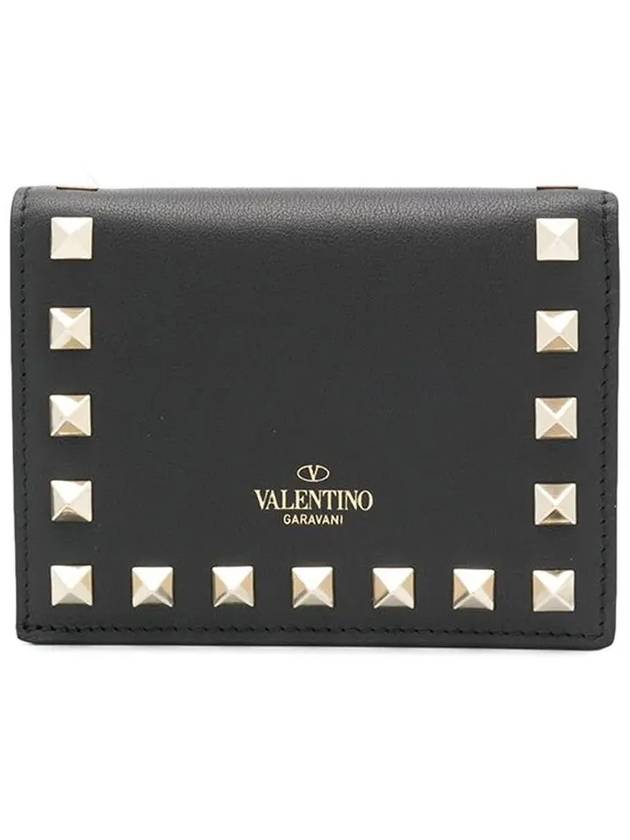 Rockstud Leather Flap Half Wallet Black - VALENTINO - BALAAN 3