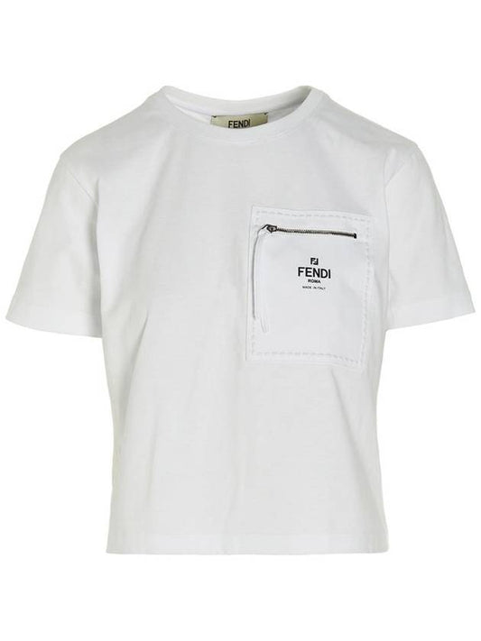 Logo Zipper Pocket Cropped Short Sleeve T-Shirt White - FENDI - BALAAN 1