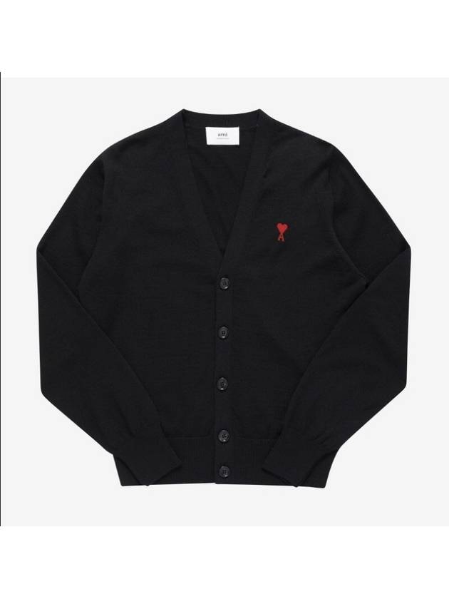 Red Heart Logo Merino Wool Cardigan Black - AMI - BALAAN 2