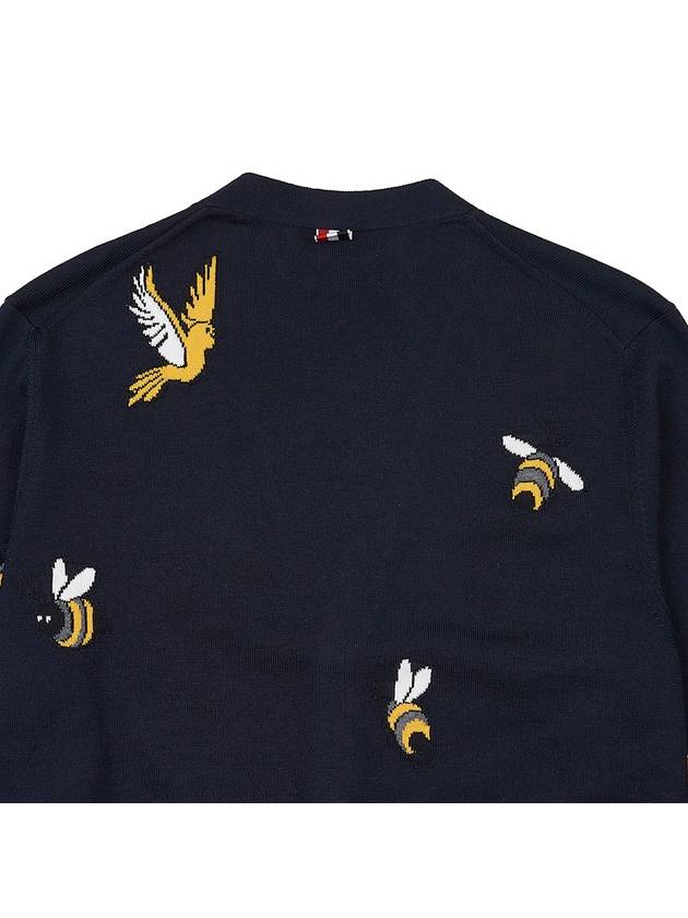 Men's Merino Bird Bee 4 Bar V-Neck Merino Cotton Cardigan Navy - THOM BROWNE - BALAAN 11