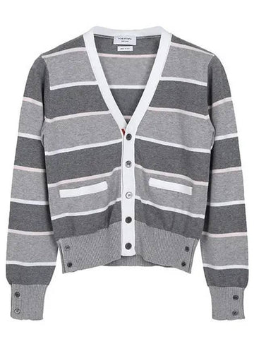 Kids Striped V-Neck Cotton Cardigan Grey - THOM BROWNE - BALAAN 1