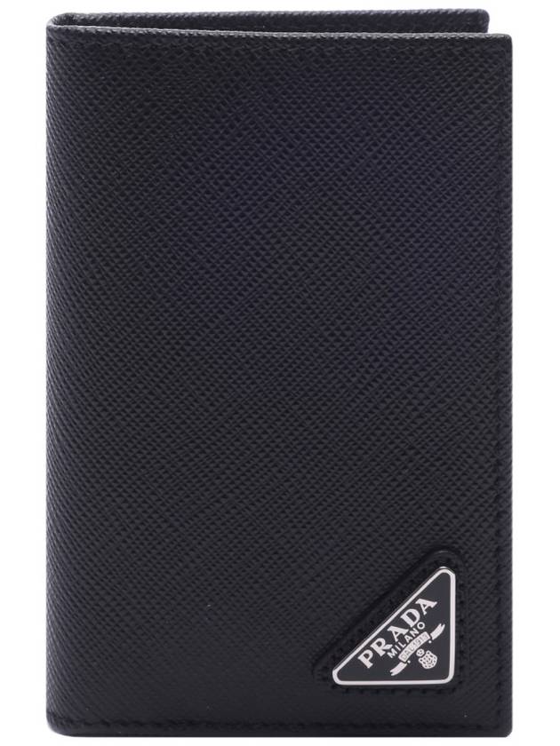 Saffiano Triangular Logo Flap Card Wallet Black - PRADA - BALAAN 3