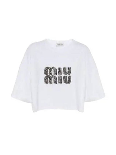 Embroidered Logo Crystal Crop Cotton Short Sleeve T-Shirt White - MIU MIU - BALAAN 2