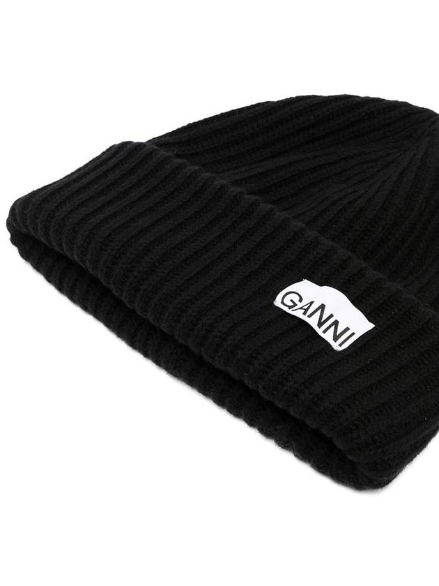 Black Ribbed Logo Patch Beanie A4429 - GANNI - BALAAN 2