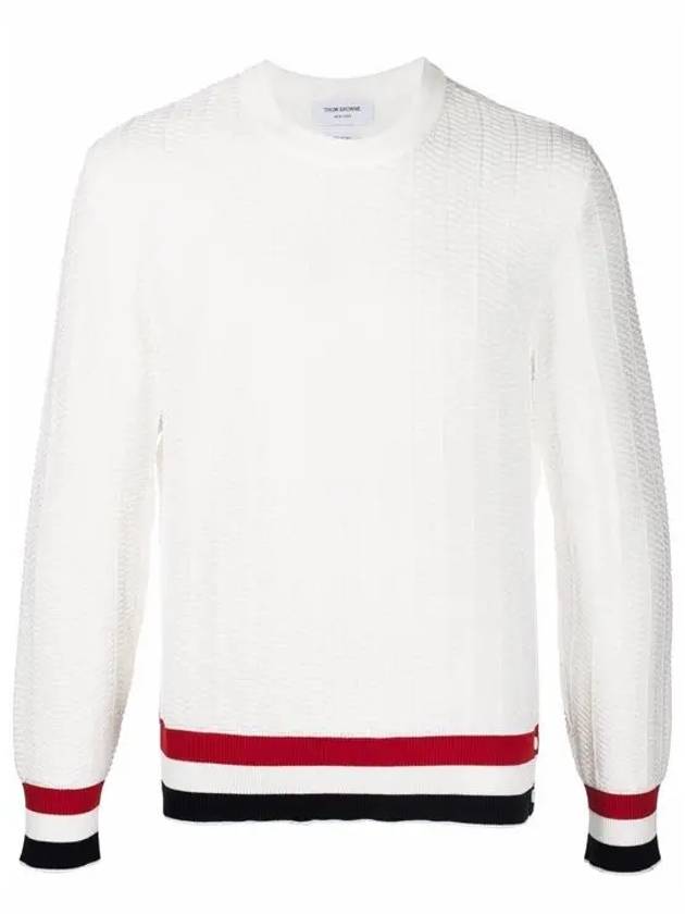 Men's Textured Crew Neck Knit Top White - THOM BROWNE - BALAAN.