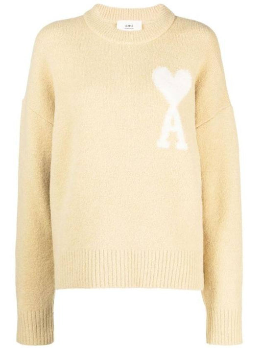 Heart Logo Intarsia Knit Top Vanilla - AMI - BALAAN 1