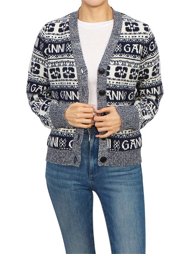 logo wool mix jacquard cardigan blue - GANNI - BALAAN 5