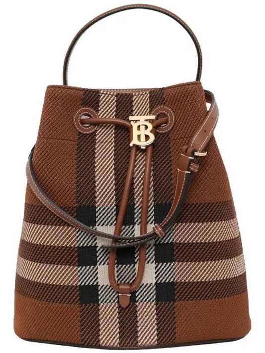 TB Small Knit Check Leather Bucket Bag Dark Birch Brown - BURBERRY - BALAAN 1