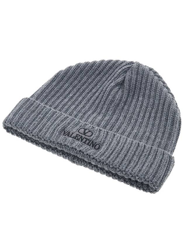 Embroidered Logo Ribbed Beanie Grey - VALENTINO - BALAAN 4