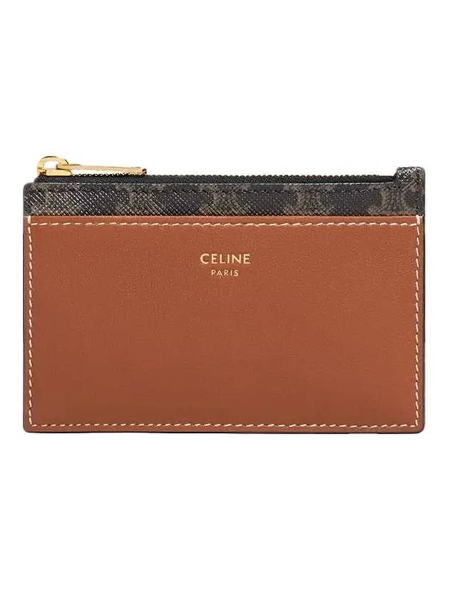 Triomphe Canvas Gold Zipper Card Wallet Tan - CELINE - BALAAN 1