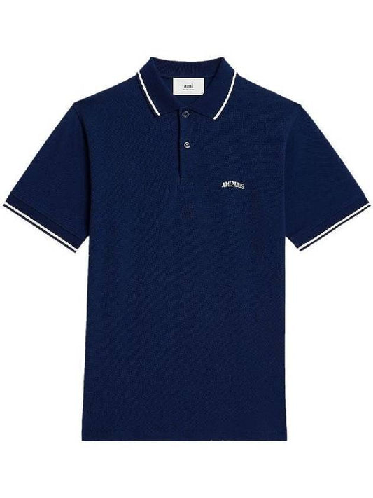 Lettering Embroidery Logo Short Sleeve Polo Shirt Shirt Navy - AMI - BALAAN 1