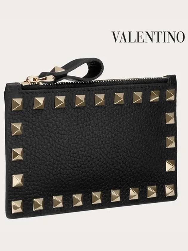 Rockstud Zipped Leather Card Wallet Black - VALENTINO - BALAAN.