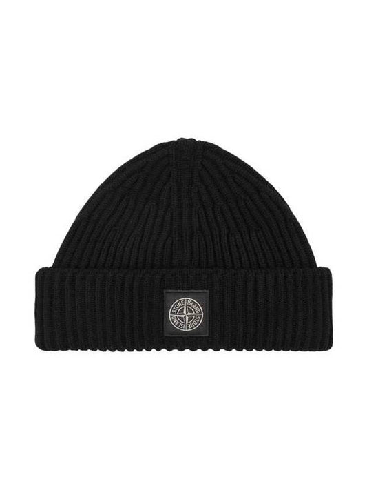 Logo Patch Rib Wool Beanie Black - STONE ISLAND - BALAAN 2