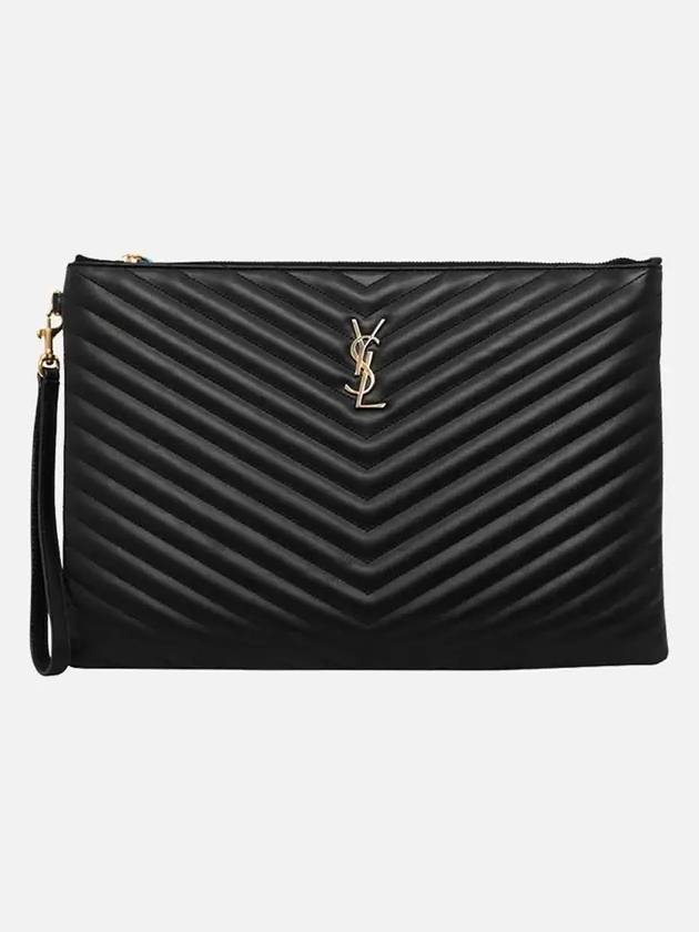 Gold Monogram Document Holder In Matelasse Leather Black - SAINT LAURENT - BALAAN 3