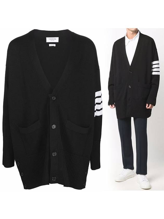 Men's Diagonal Stripe Elongated Wool Cardigan Black - THOM BROWNE - BALAAN 2