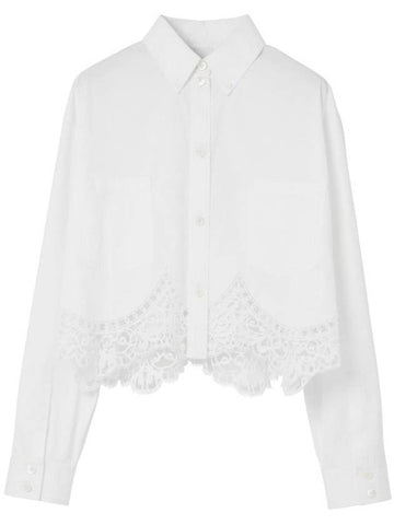 Women's Macrame Lace Hem Cropped Cotton Shirt Uptic White - BURBERRY - BALAAN 1