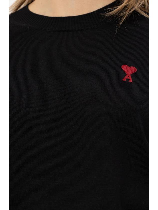 Heart Logo Crew Neck Merino Wool Knit Top Black - AMI - BALAAN 6