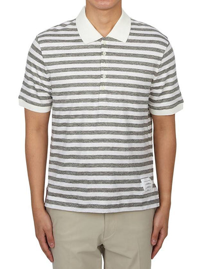 Striped Linen Polo Shirt Grey White - THOM BROWNE - BALAAN 2