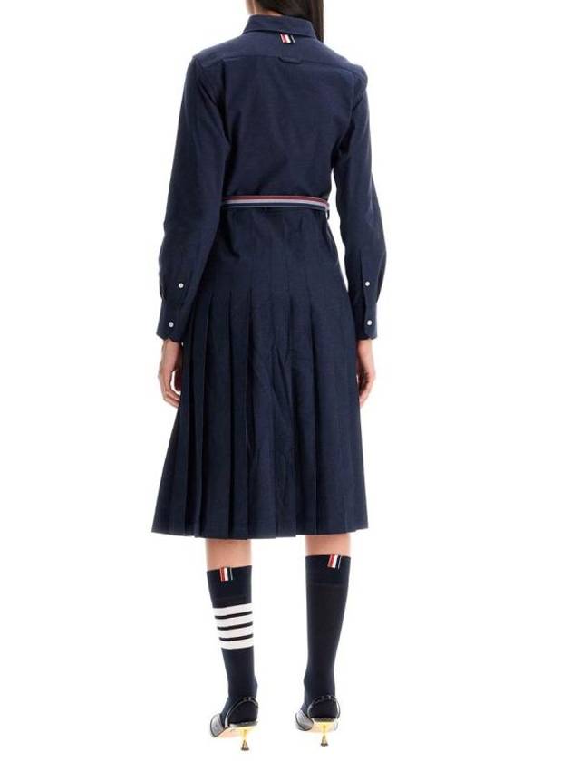 Stripe Flannel Pleated Bottom Belted Cotton Midi Dress Navy - THOM BROWNE - BALAAN 8