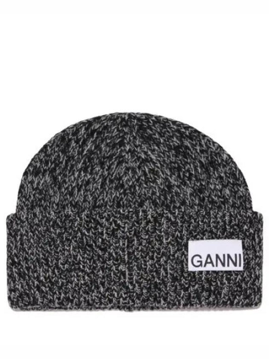 Logo Patch Ribbed Knit Beanie Black - GANNI - BALAAN 2