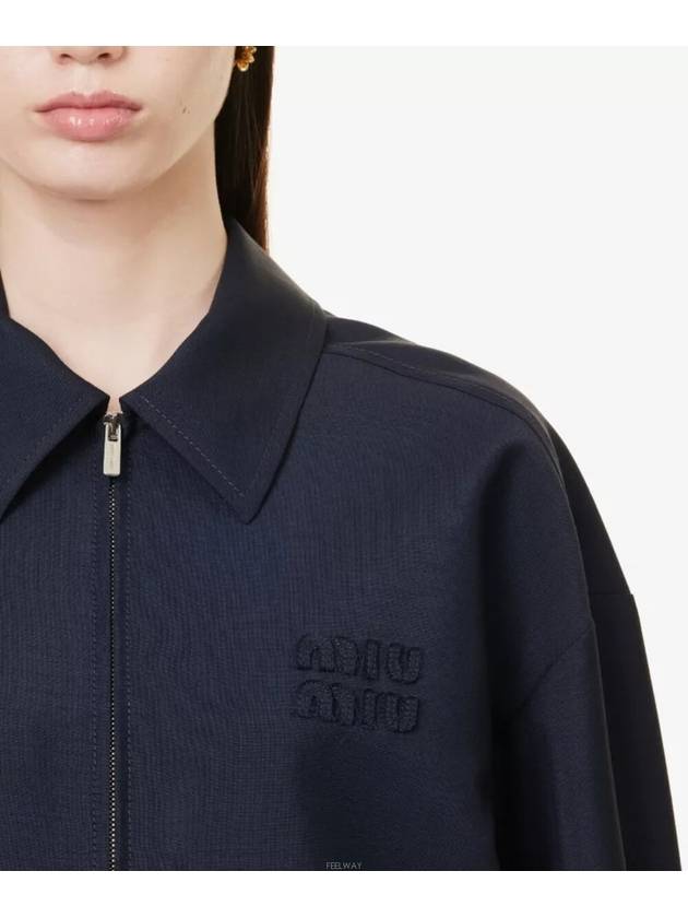 Mohair Embroidered Logo Wool Zip-up Jacket Navy - MIU MIU - BALAAN 3