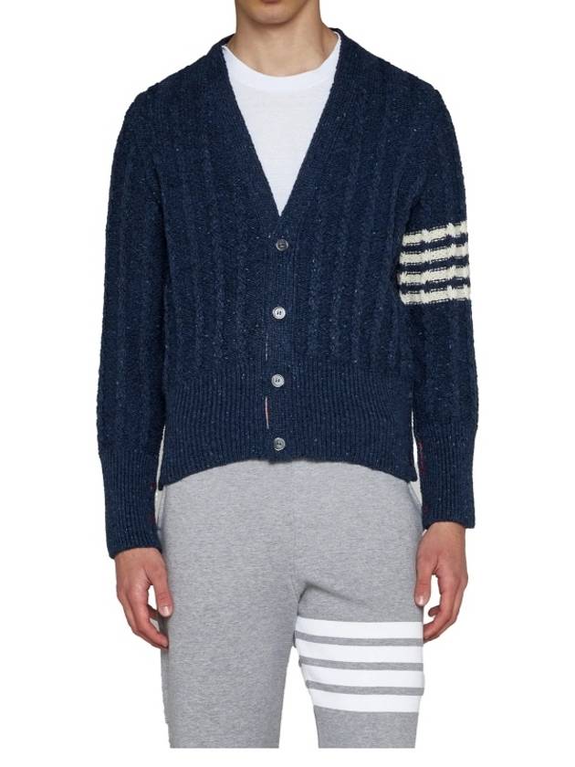 Donegal Twist Cable 4 Bar Classic V Neck Cardigan Blue - THOM BROWNE - BALAAN 5