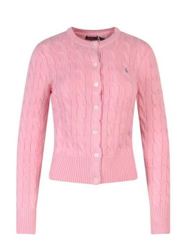 Women's Embroidered Logo Pony Cable Cardigan Pink - POLO RALPH LAUREN - BALAAN 1