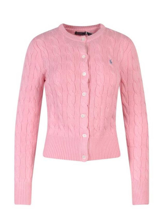 Women's Embroidered Logo Pony Cable Cardigan Pink - POLO RALPH LAUREN - BALAAN 1