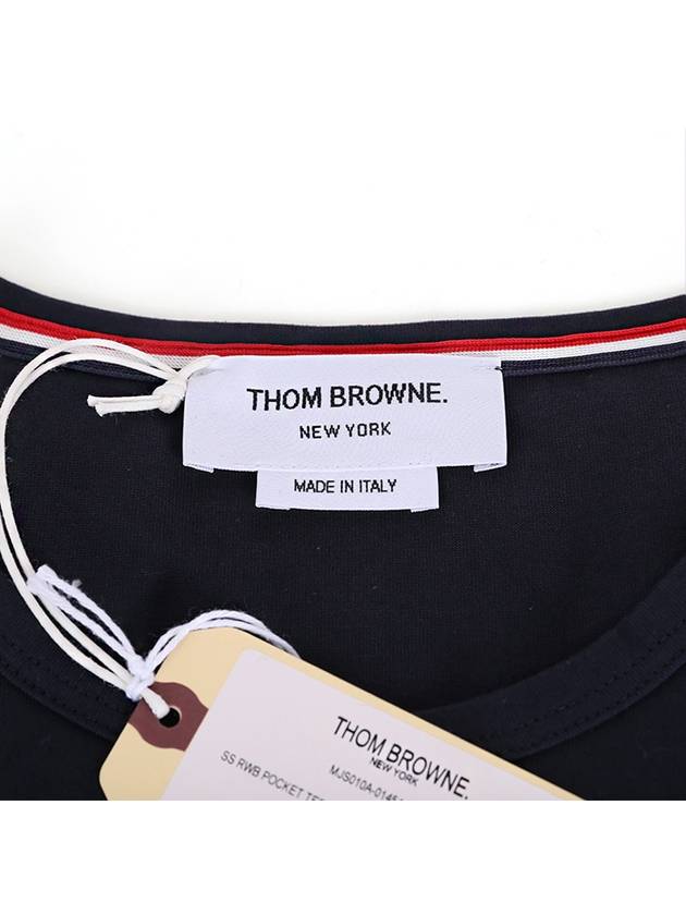 Men's Medium Weight Jersey Tipped Pocket Crewneck Short Short Sleeve T-Shirt Navy - THOM BROWNE - BALAAN 7