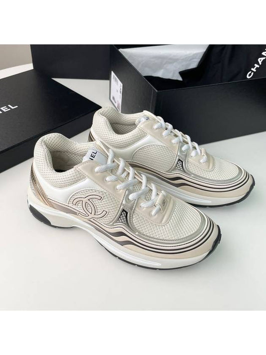 Women CC Logo Fabric Laminated Low Top Sneakers Silver Ivory - CHANEL - BALAAN 2