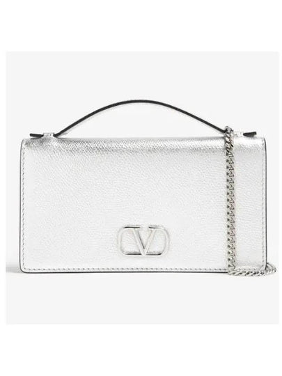 V Logo Signature Chain Leather Long Wallet Silver - VALENTINO - BALAAN 2