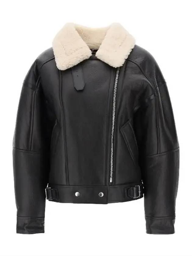 Women's Shearling Leather Biker Jacket Dark Brown - ACNE STUDIOS - BALAAN 2