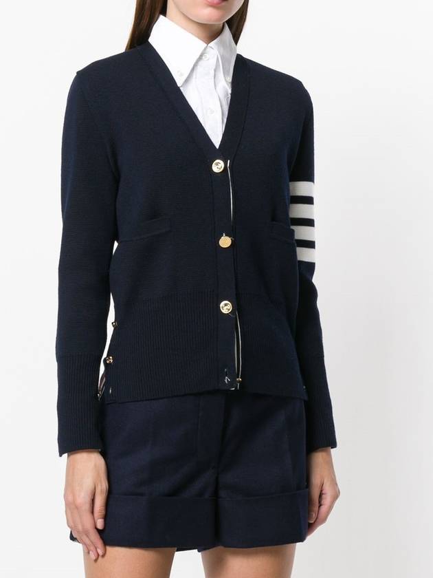 Milano Stitch 4 Bar Classic V Neck Fine Merino Wool Cardigan Navy - THOM BROWNE - BALAAN.