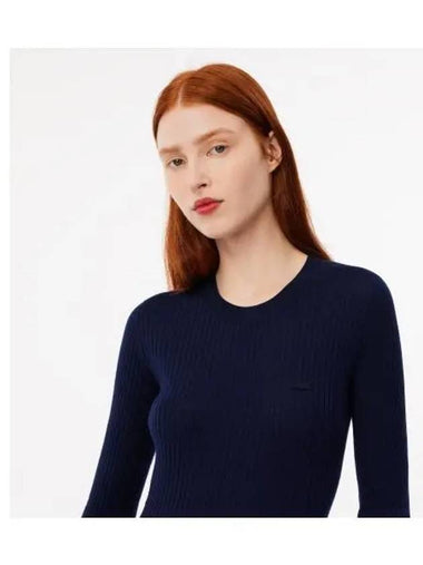 Women s Slim Fit Rib Crew Neck Sweater Navy - LACOSTE - BALAAN 1