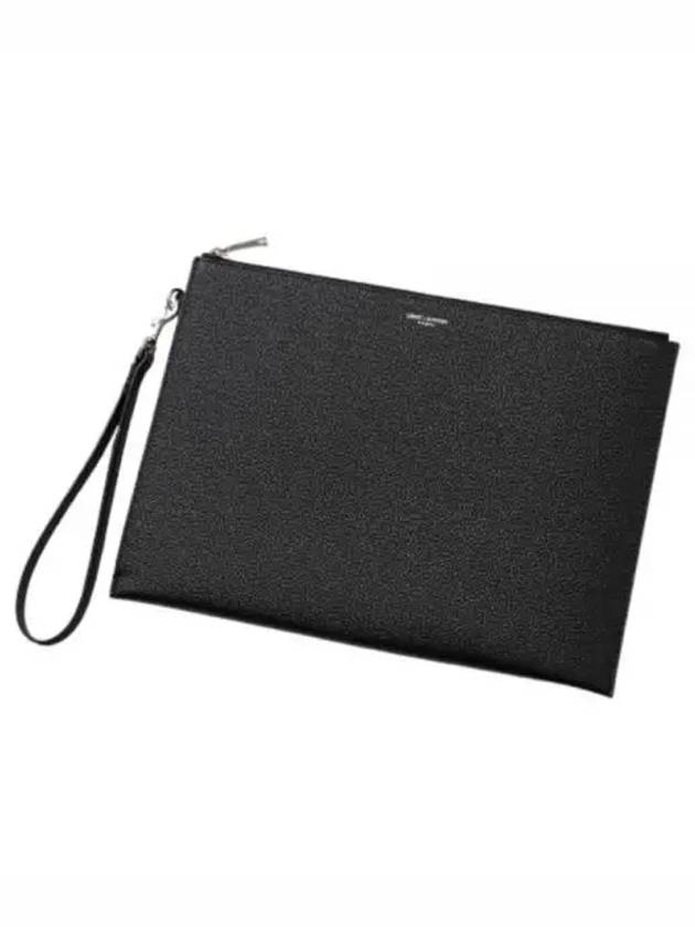 Embossed Leather Grain De Poudre Zipper Tablet Clutch Bag Black - SAINT LAURENT - BALAAN 2