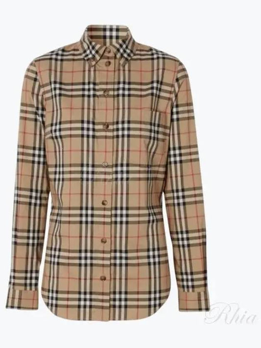 Button Down Collar Vintage Check Stretch Cotton Long Sleeve Shirt Beige - BURBERRY - BALAAN 2