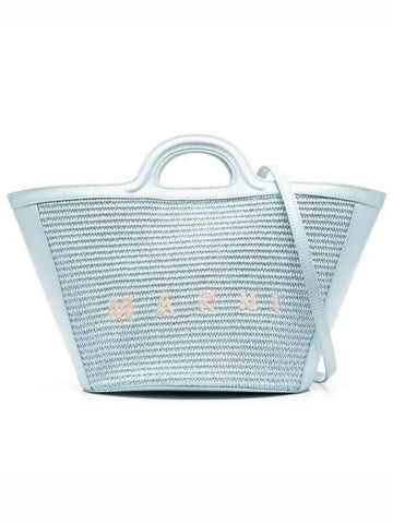 Women's Tropicalia Small Leather Raffia Tote Bag Light Blue - MARNI - BALAAN 1