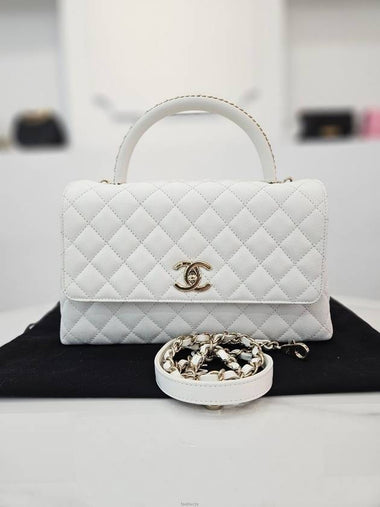 Coco Handle Bag Caviar Medium White Champagne Gold Built in Chip A92990 - CHANEL - BALAAN 1