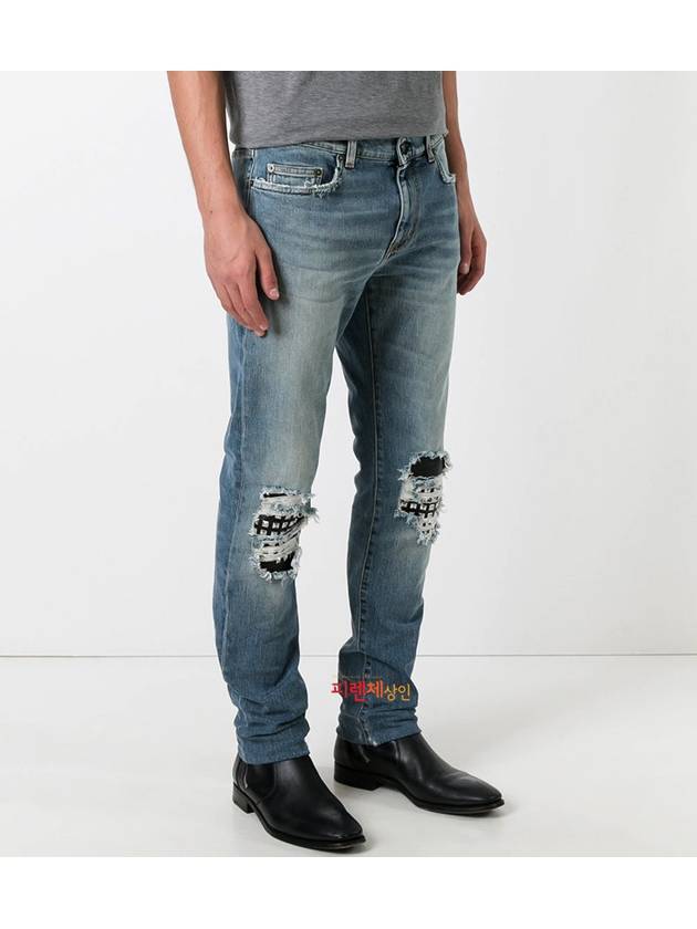 Men's Leather Stud Washed Jeans Blue - SAINT LAURENT - BALAAN 5