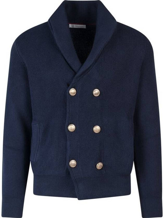 Men's Gold Button Double Breasted Cardigan Blue - BRUNELLO CUCINELLI - BALAAN 1