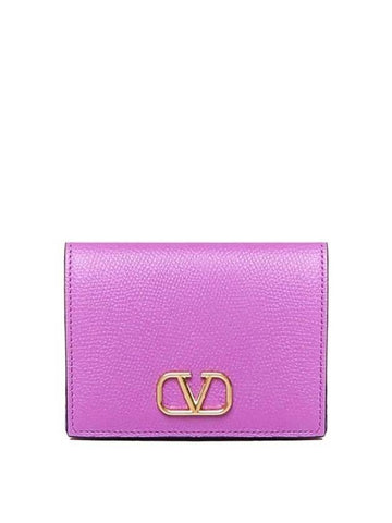 Compact V Logo Signature Calfskin Half Wallet Purple - VALENTINO - BALAAN 1