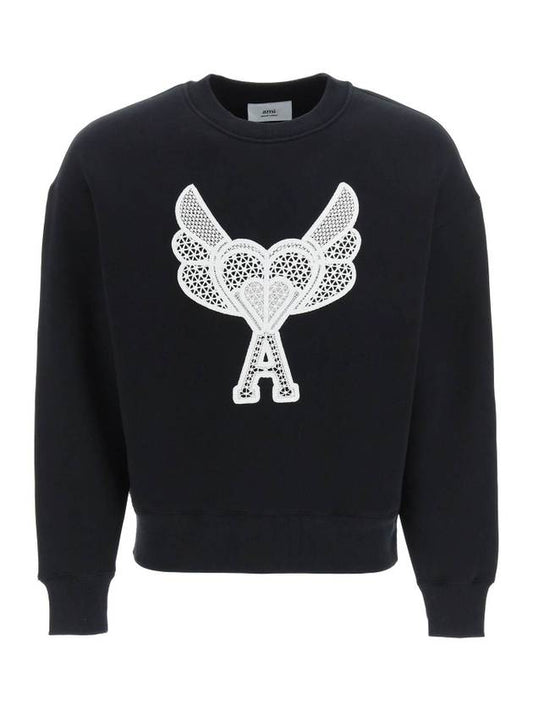 Macrame Heart A Logo Embroidered Cotton Sweatshirt Black - AMI - BALAAN 1