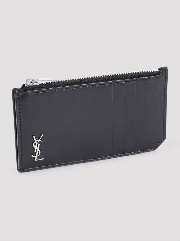 Tiny Cassandre Fragments Silver Hardware Leather Zipper Card Wallet Black - SAINT LAURENT - BALAAN 4