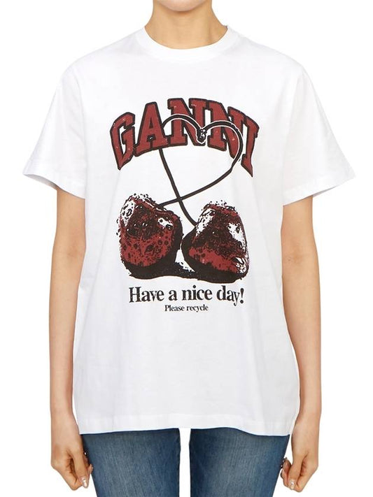 Cherry Graphic Print Short Sleeve T-Shirt White - GANNI - BALAAN 2